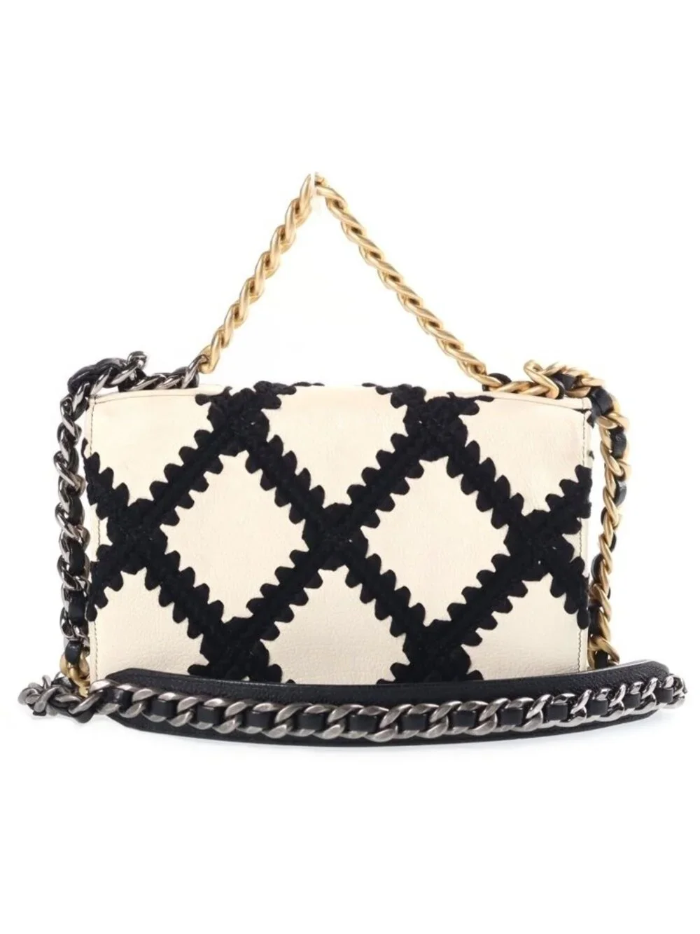 Chanel 19 Chain Wallet Shoulder Bag White Black Clochette Calfskin Gold